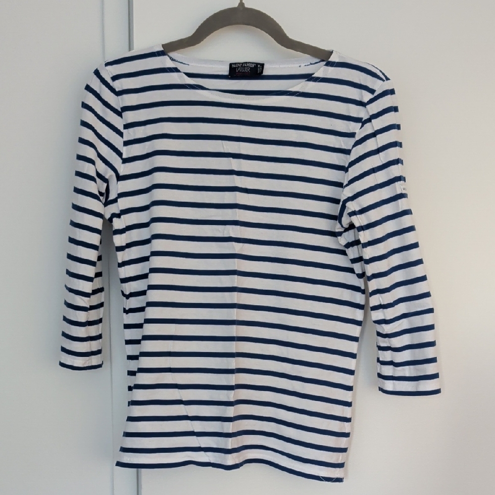 Saint James White And Azure Blue Striped Long Sleeve Top